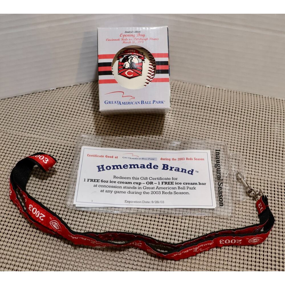 Cincinnati Reds 2003 Inaugural Season Lot – Opening Day Ball, Ticket & Lanyard